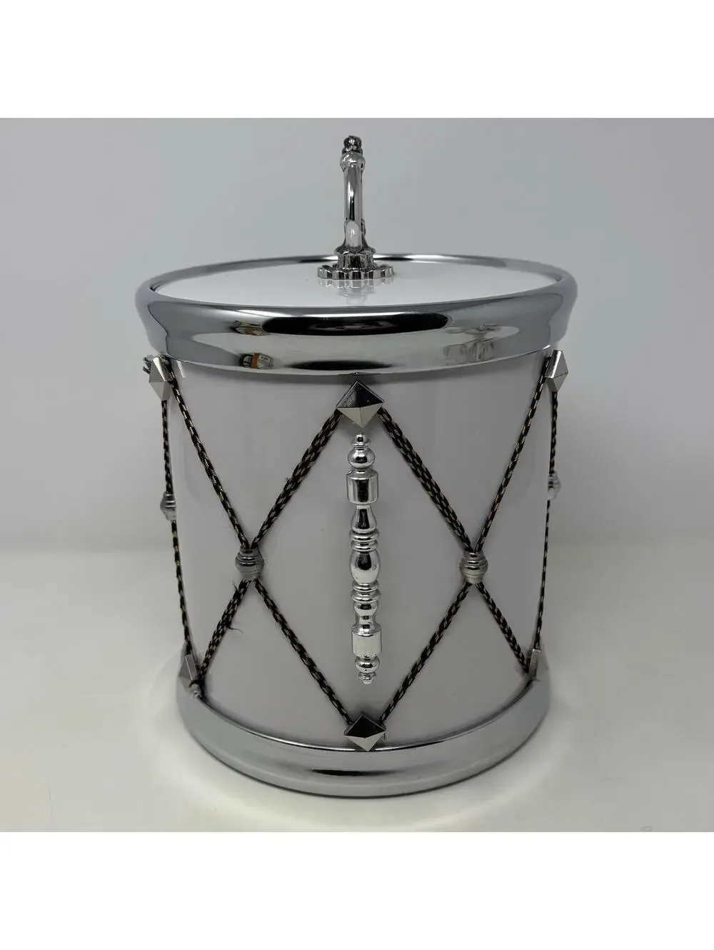 VTG Ice Bucket with Lid Snare Drum MCM Barware White & Silver Design Bar Ware